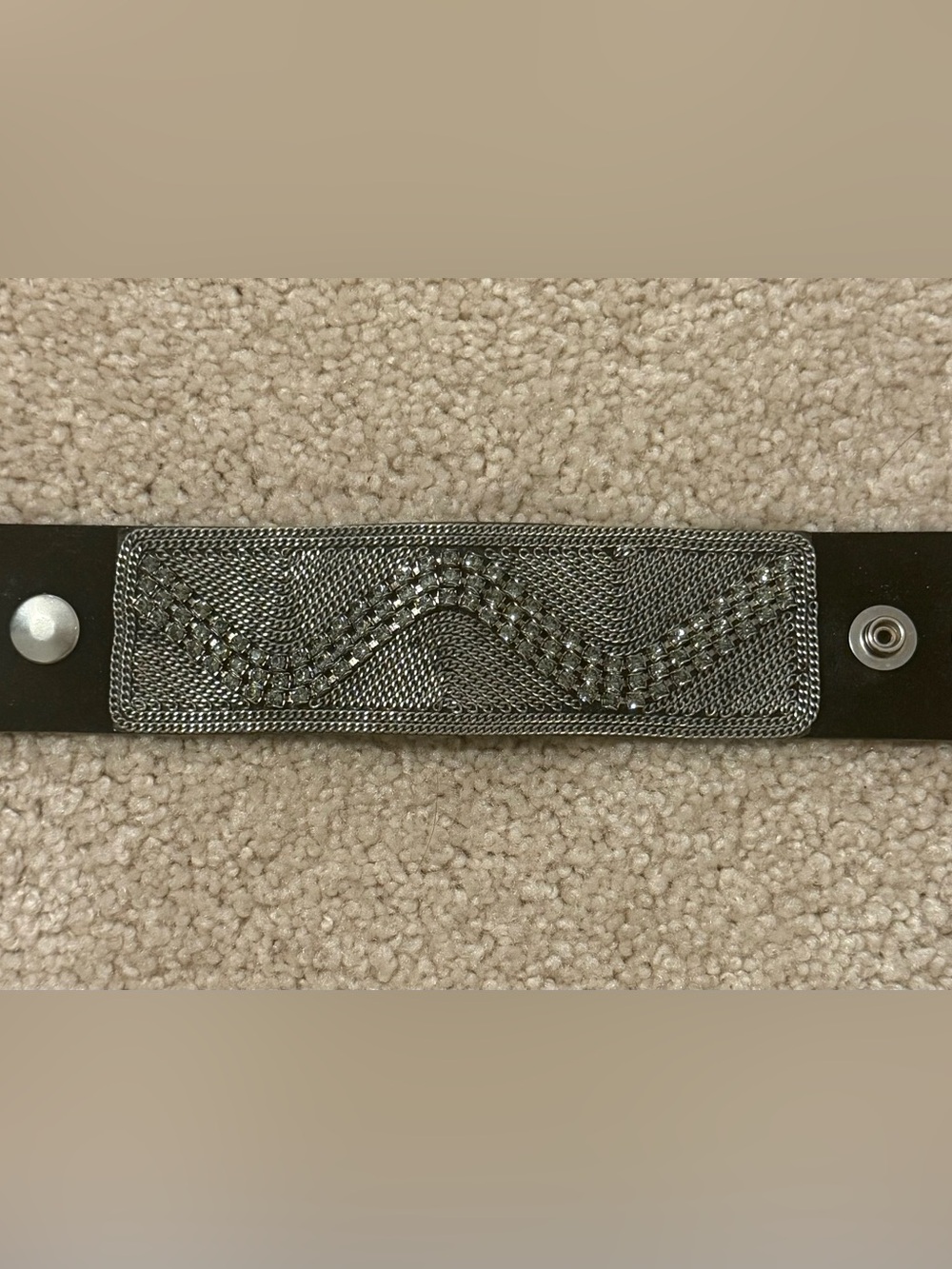 Leatherock Genuine Leather Cuff Bracelet – Black w/ Metal Mesh & Crystal Detail